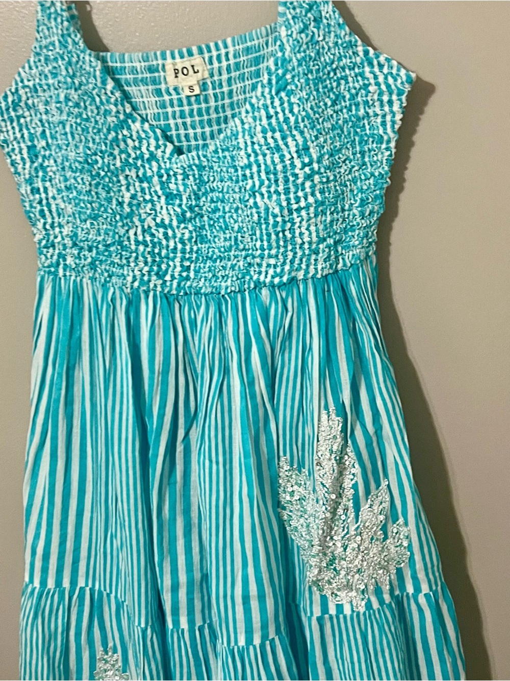POL Turquoise & White Striped Smocked Mini Dress with Lace Beaded Appliqués - Picture 6 of 6